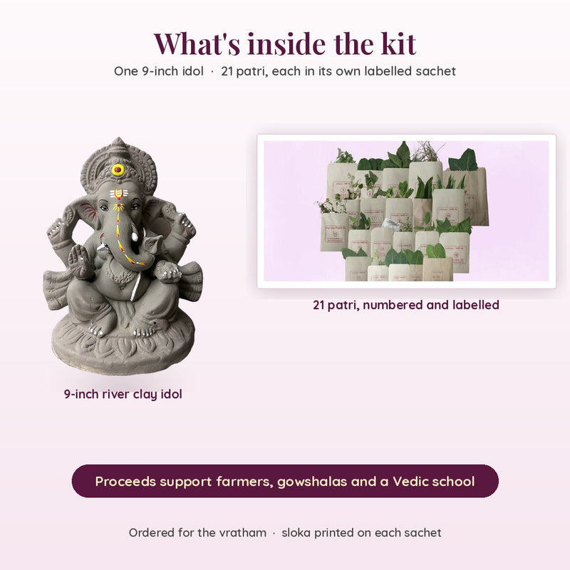 What is inside the kit: one 9-inch clay idol and 21 patri in labelled paper sachets
