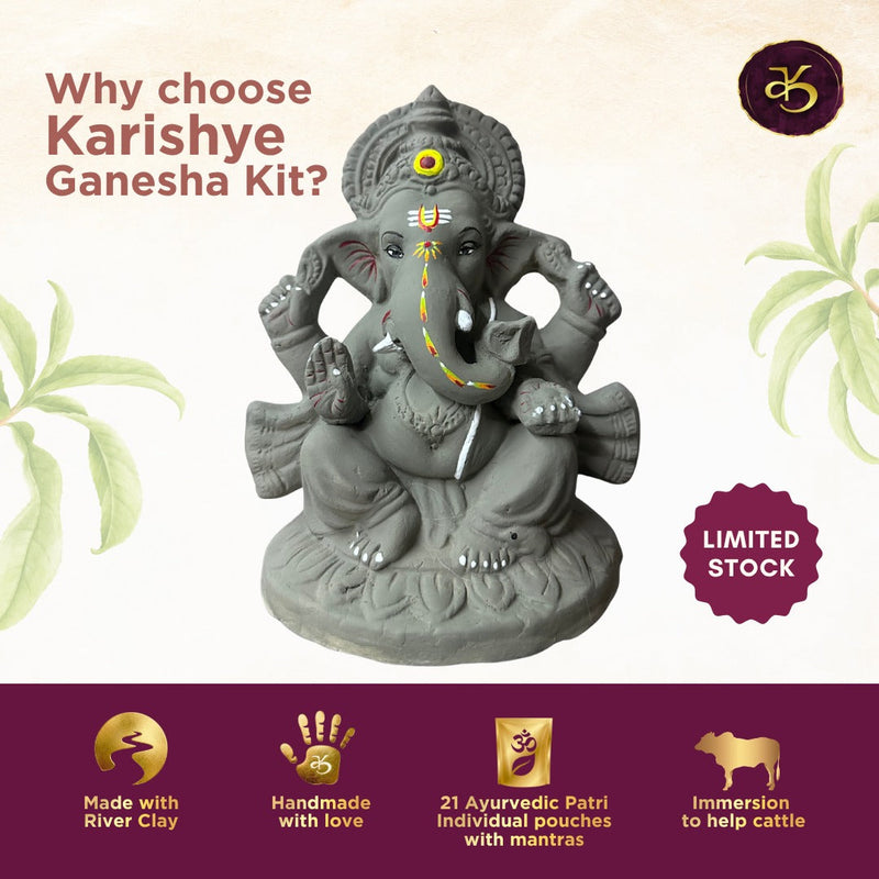 Why choose the Karishye Ganesha Kit - river clay, handmade, 21 ayurvedic patri, immersion helps cattle