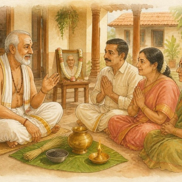Karishye Pitru Karma consultation: an elderly purohita guiding a family seated before a lamp