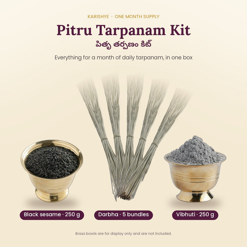 Pitru Tarpanam Kit for one month: black sesame 250 g, 5 bundles of darbha (kusha grass) and vibhuti 250 g