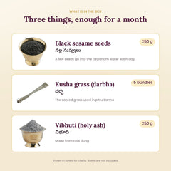What is in the Pitru Tarpanam Kit: black sesame seeds (nalla nuvvulu) 250 g, kusha grass (darbha) 5 bundles, vibhuti 250 g
