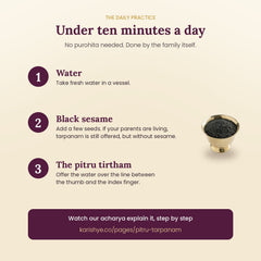 Daily pitru tarpanam in three steps: water, a few black sesame seeds, offered through the pitru tirtham