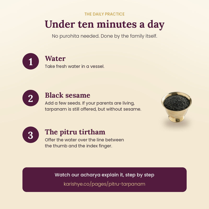 Daily pitru tarpanam in three steps: water, a few black sesame seeds, offered through the pitru tirtham