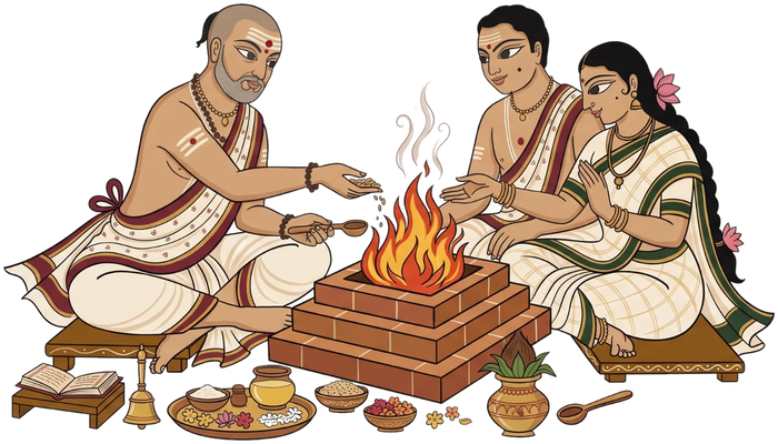 A purohita offering into the agni with the couple seated beside him