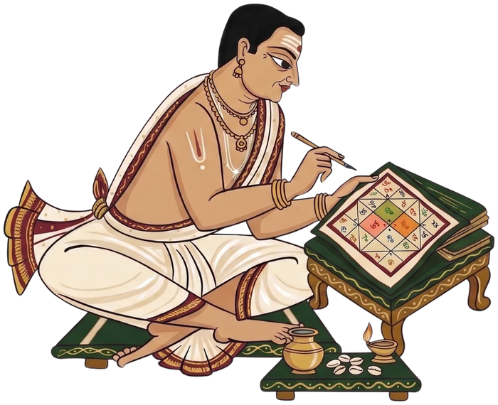 A purohita writing out the jathakam on a low table