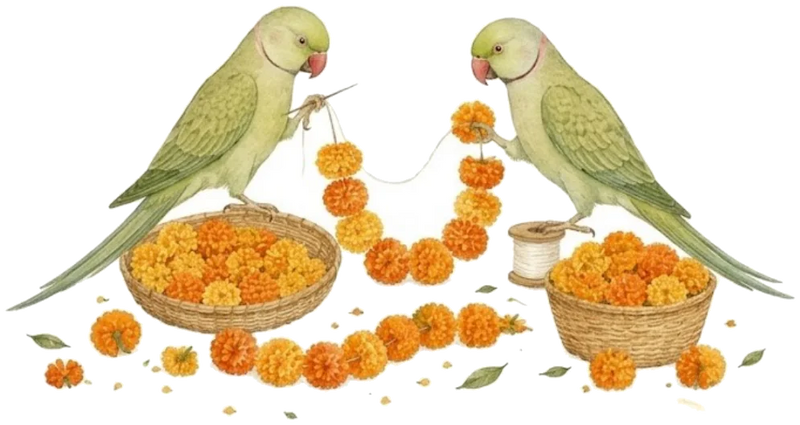 Two parrots stringing a marigold garland
