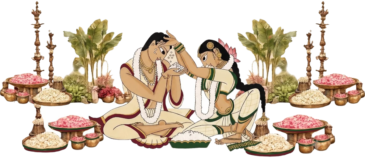 A bride and groom showering talambralu over each other, between brass lamps and banana plants