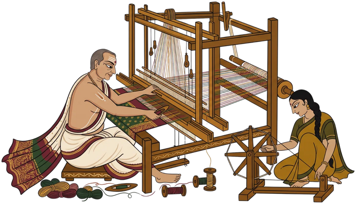 A weaver at the loom and a woman at the spinning wheel