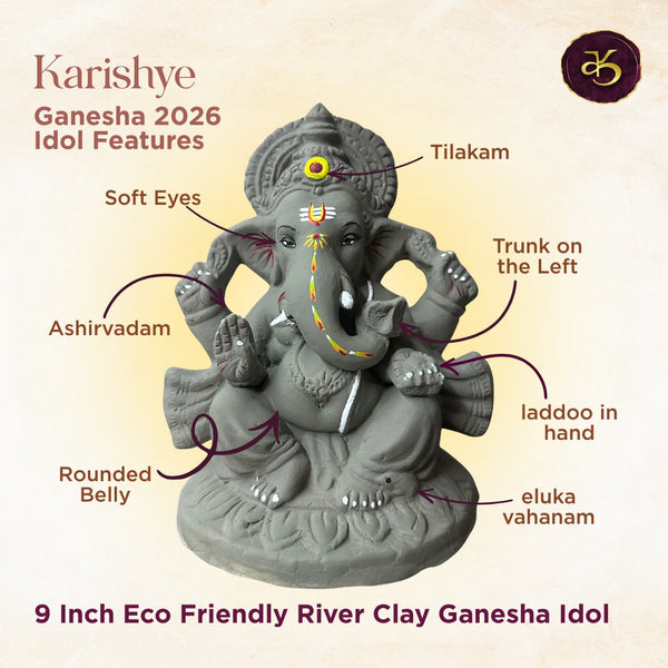 Karishye Ganesha 2026 idol features — tilakam, soft eyes, ashirvadam, trunk on the left, laddoo in hand, rounded belly, eluka vahanam